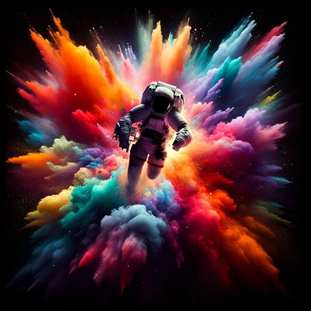an astronaut, made from a burst of colored powder, digital art